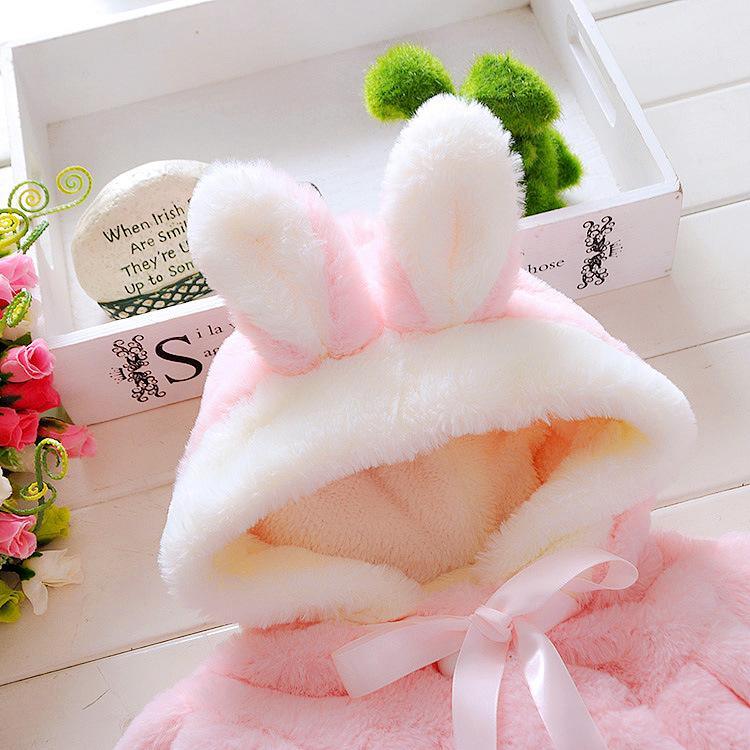 Newborn baby girls pink bunny-ear hooded fur coat with white plush lining by Stevvex on Tampa Home & Garden Store