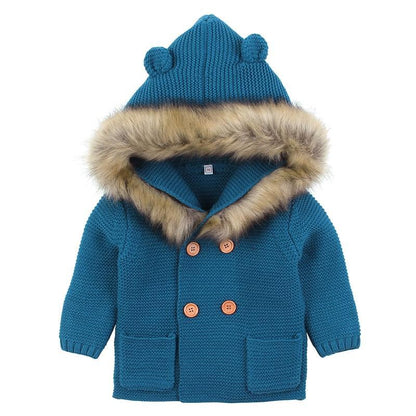 Blue knit baby coat with faux fur hood trim, double buttons and front pockets Stevvex on Tampa Home & Garden Store