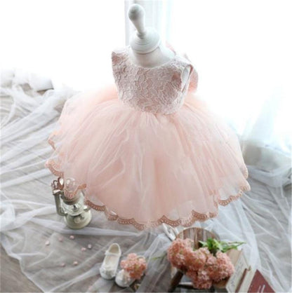Stevvex baby girls flower gown pink lace bodice with soft tulle tutu and big back bow on Tampa Home & Garden Store