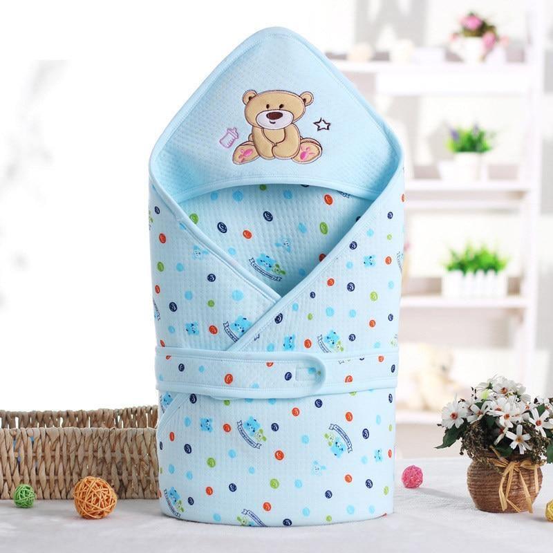 Stevvex cotton infant sleeping bag envelope in light blue with teddy bear hood and dots on Tampa Home & Garden Store