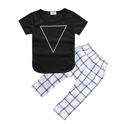 Stevvex 2-piece baby boy clothing set black T-shirt with white triangle + white plaid pants on Tampa Home & Garden Store