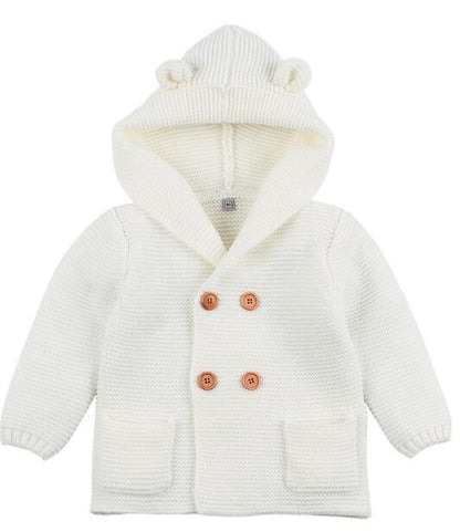 Ivory baby knit cardigan hooded coat with ears Stevvex wooden buttons pockets on Tampa Home & Garden Store