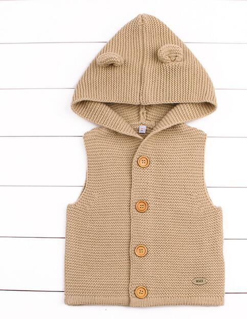 Beige knit hooded baby cardigan vest by Stevvex with wooden buttons for newborns on Tampa Home & Garden Store