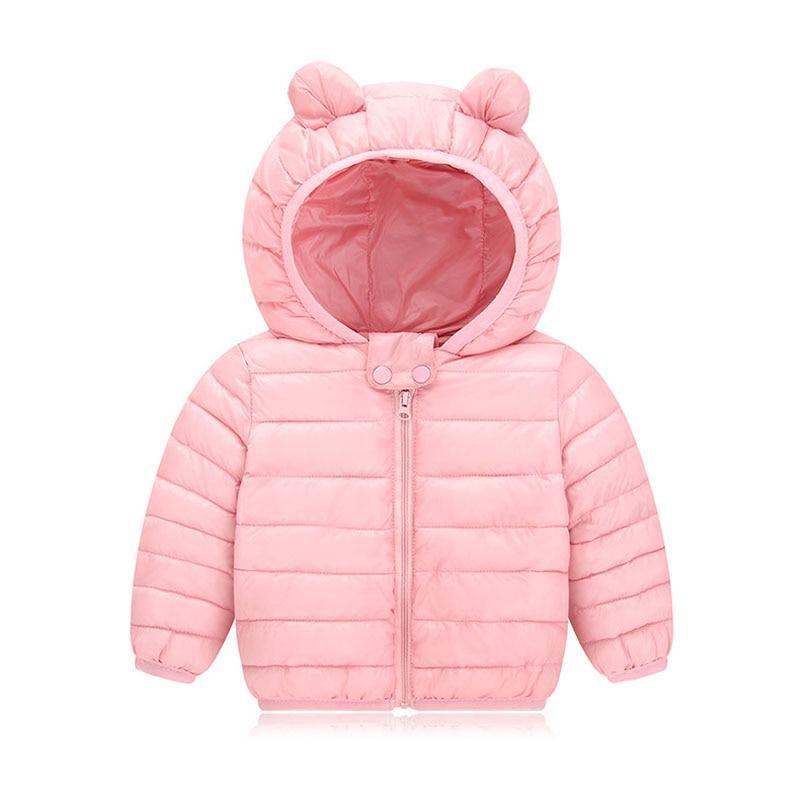 Pink baby padded puffer jacket with bear-ear hood front zipper for kids on Tampa Home & Garden Store