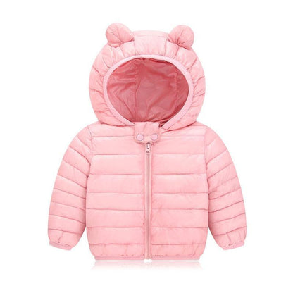 Pink baby padded puffer jacket with bear-ear hood front zipper for kids on Tampa Home & Garden Store