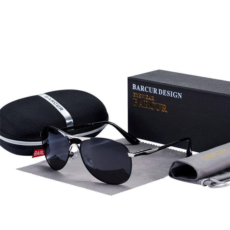 Barcur aviator sunglasses with dark lenses and silver-tone frame, includes case on Tampa Home & Garden Store