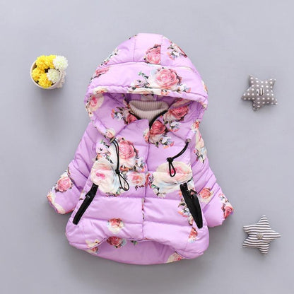 Stevvex infant lavender floral puffer jacket with hood and zip pockets for winter outerwear on Tampa Home & Garden Store