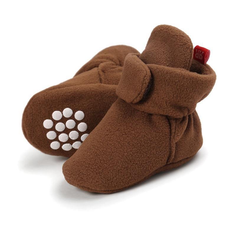 Stevvex baby newborn faux-fleece winter booties brown with Velcro strap and grip-dot sole on Tampa Home & Garden Store