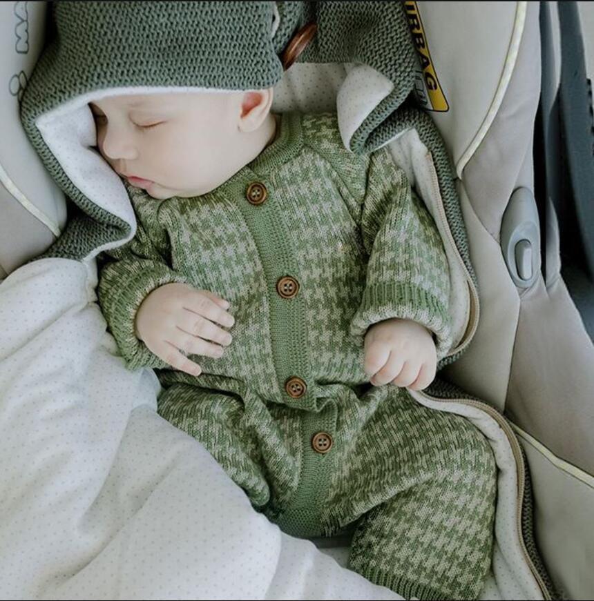 Stevvex knitted newborn romper in green houndstooth with brown buttons and matching knit hat on Tampa Home & Garden Store