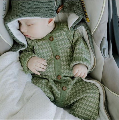 Stevvex knitted newborn romper in green houndstooth with brown buttons and matching knit hat on Tampa Home & Garden Store
