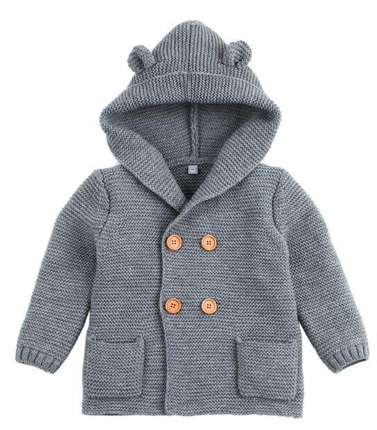 Gray knit baby hooded cardigan with bear ears, orange buttons, front pockets Stevvex on Tampa Home & Garden Store