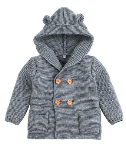 Gray knit baby hooded cardigan with bear ears, orange buttons, front pockets Stevvex on Tampa Home & Garden Store