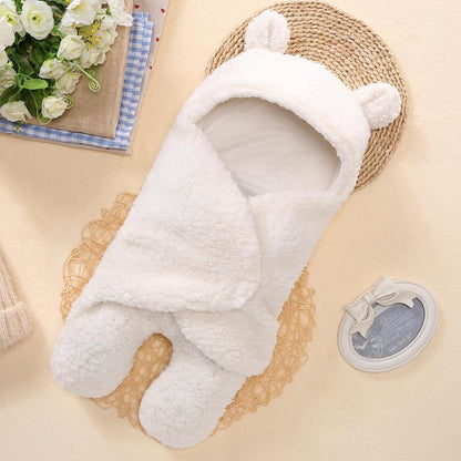Stevvex white plush bear-ear hooded baby swaddle blanket, soft warm newborn wrap on Tampa Home & Garden Store
