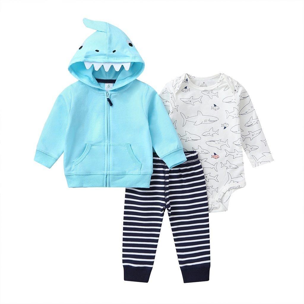 3pc baby outfit: blue shark-hooded jacket, white shark-print romper, navy striped pants on Tampa Home & Garden Store