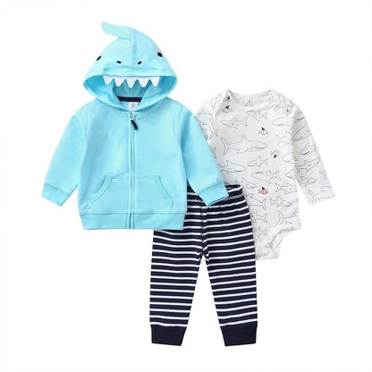3pc baby outfit: blue shark-hooded jacket, white shark-print romper, navy striped pants on Tampa Home & Garden Store