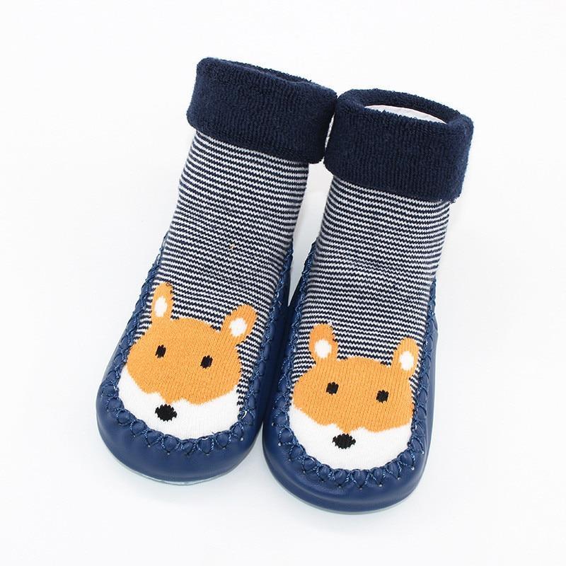 Stevvex baby warm stretchy booties with rubber soles, navy blue striped knit with fox face, pair on Tampa Home & Garden Store