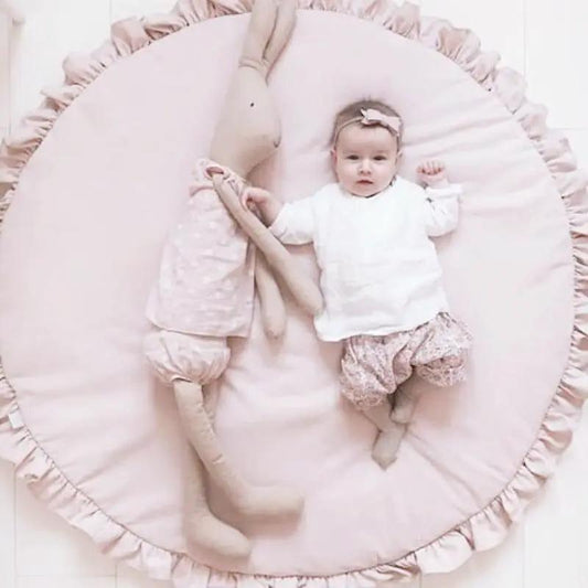 Stevvex baby play mat round pink cotton crawling mat with ruffled edge and plush bunny prop on Tampa Home & Garden Store