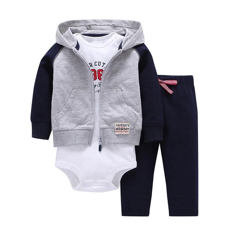 3-piece baby outfit by Stevvex: gray hooded zip jacket, white onesie, navy pants on Tampa Home & Garden Store