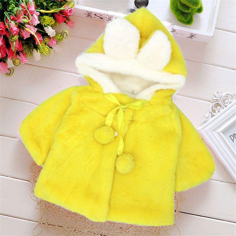Stevvex baby girl yellow rabbit-hood faux fur coat with white plush lining and pompom tie on Tampa Home & Garden Store