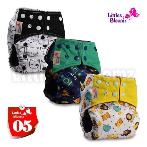Stevvex 3-pack unisex cloth pocket nappies in black cat print, green with blue snaps on Tampa Home & Garden Store