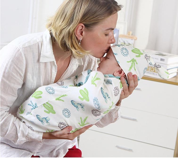 Stevvex baby swaddle blanket with cap wrap in white with green cactus and blue print on Tampa Home & Garden Store