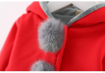 Stevvex newborn girls red coat with grey fur pom-poms on hood, cotton outerwear on Tampa Home & Garden Store