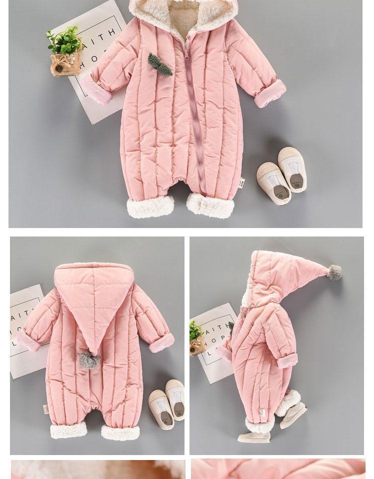 Stevvex pink newborn hooded quilted jumpsuit with fur lining and zipper booties nearby on Tampa Home & Garden Store