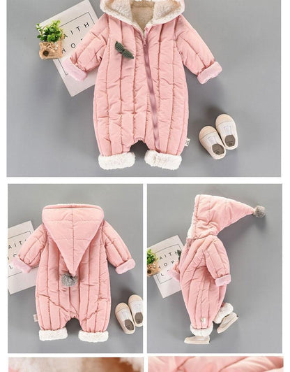 Stevvex pink newborn hooded quilted jumpsuit with fur lining and zipper booties nearby on Tampa Home & Garden Store