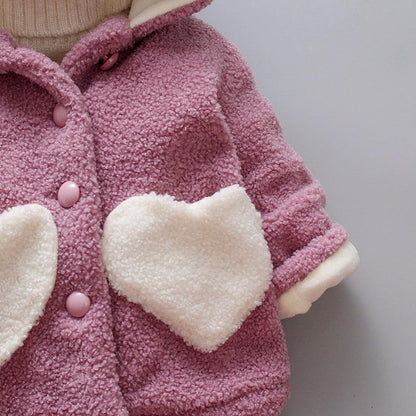 Baby girls pink plush fleece winter coat with white heart patch pockets on Tampa Home & Garden Store