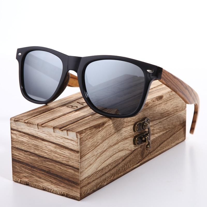 Sunglasses Stevvex bamboo wood zebra frame, polarized UV400 lenses, boxed on Tampa Home & Garden Store