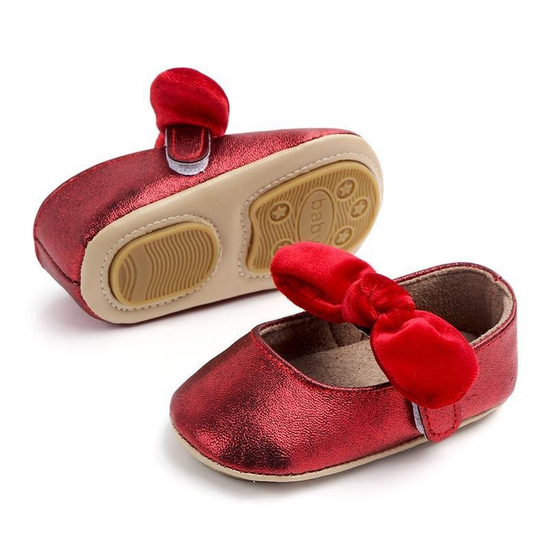 Stevvex red metallic infant girl first walkers pair with bowknot and soft rubber sole on Tampa Home & Garden Store