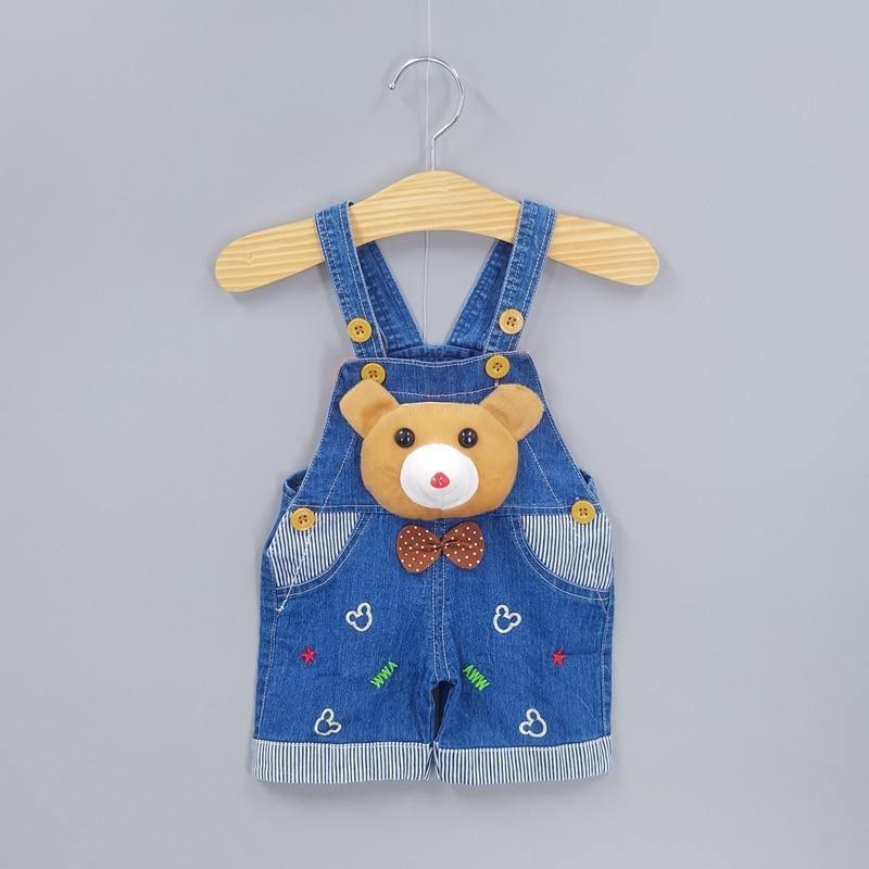 Stevvex blue denim baby overalls romper with bear applique and bow tie on Tampa Home & Garden Store