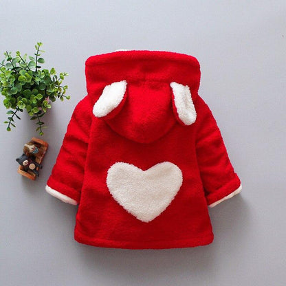Baby hooded coat Stevvex in red velvet with white heart patch and white hood ear flaps on Tampa Home & Garden Store