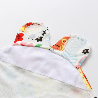 Baby swaddle sleeping bag Stevvex with colorful printed hood featuring ears and white lining on Tampa Home & Garden Store