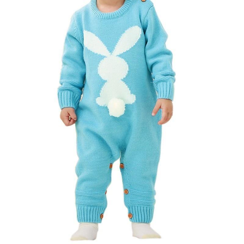 Blue knit baby romper by Stevvex with white bunny motif, long sleeves, buttoned cuffs on Tampa Home & Garden Store