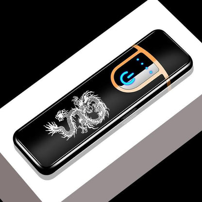 Stevvex luxury USB charging lighter with dragon gravure, slim black finish, blue touch sensor on Tampa Home & Garden Store
