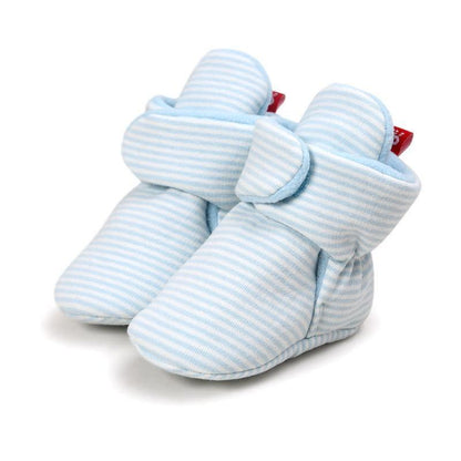 Baby newborn faux fleece winter booties by Stevvex, light blue striped fabric with strap on Tampa Home & Garden Store