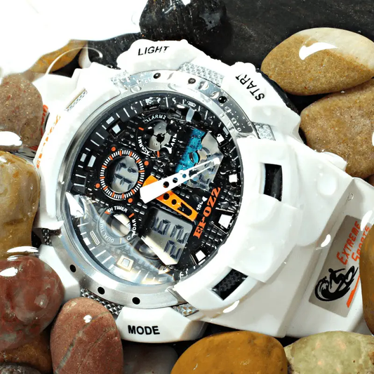 Stevvex white military-style digital-analog sports watch with black dial and orange accents on Tampa Home & Garden Store