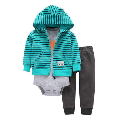 Stevvex 3-piece baby outfit: teal striped hooded jacket, grey bodysuit, dark pants, unisex on Tampa Home & Garden Store