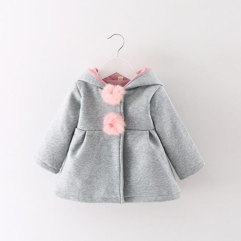 Stevvex newborn girls grey hooded coat with pink faux fur pom pom buttons on Tampa Home & Garden Store
