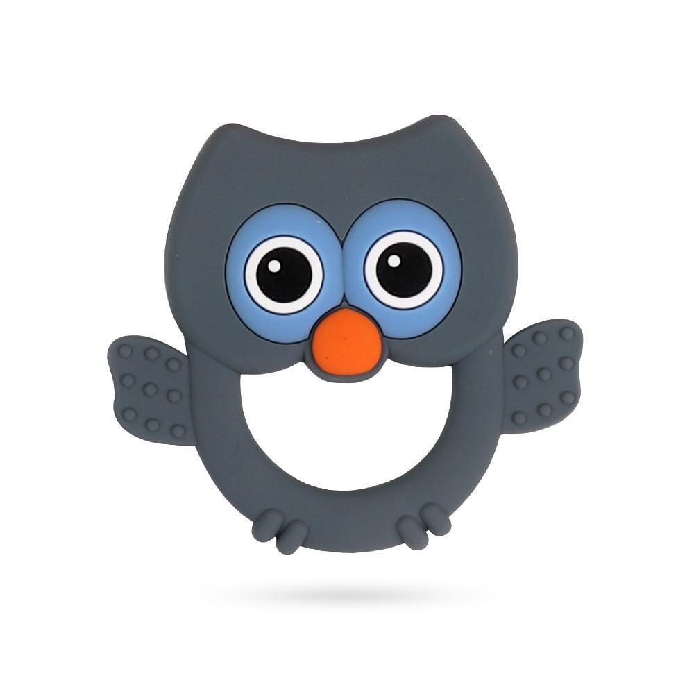 Stevvex owl-shaped silicone teether ring gray with blue eyes and orange beak on Tampa Home & Garden Store