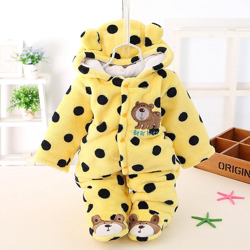 Stevvex baby bear hooded romper in yellow plush fleece with black polka dots on Tampa Home & Garden Store