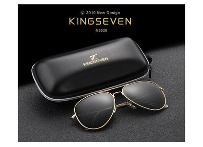 Stevvex aviator sunglasses with gold-tone frame and dark polarized lenses beside KINGSEVEN on Tampa Home & Garden Store