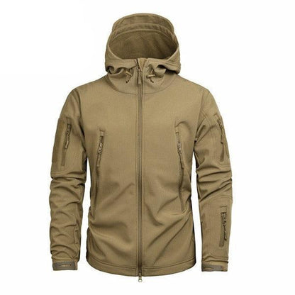 Men's tan tactical hooded windbreaker with multiple zip pockets, water resistant, Stevvex on Tampa Home & Garden Store