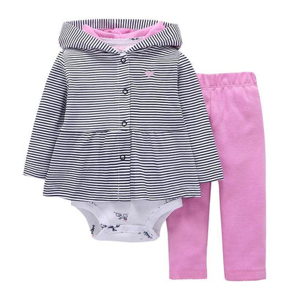 Stevvex navy striped hooded baby jacket with pink pants and printed bodysuit, infant set on Tampa Home & Garden Store