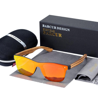 Stevvex bamboo sunglasses with orange mirrored lenses and wooden frame BARCUR case UV400 on Tampa Home & Garden Store