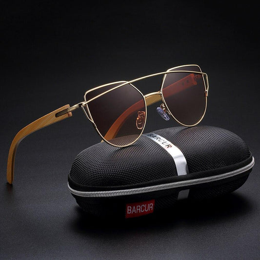 Stevvex bamboo cat-eye sunglasses, oversized polarized lenses, gold-tone frame on Tampa Home & Garden Store