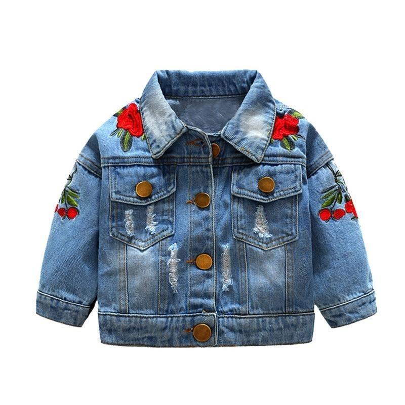 Baby girls denim jacket by Stevvex with rose embroidery, distressed patches, brown buttons on Tampa Home & Garden Store