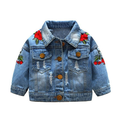 Baby girls denim jacket by Stevvex with rose embroidery, distressed patches, brown buttons on Tampa Home & Garden Store