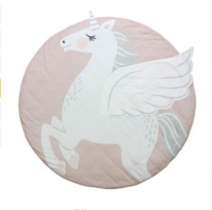 Modern luxury animal carpet round baby play mat in pink cotton with white winged unicorn design on Tampa Home & Garden Store